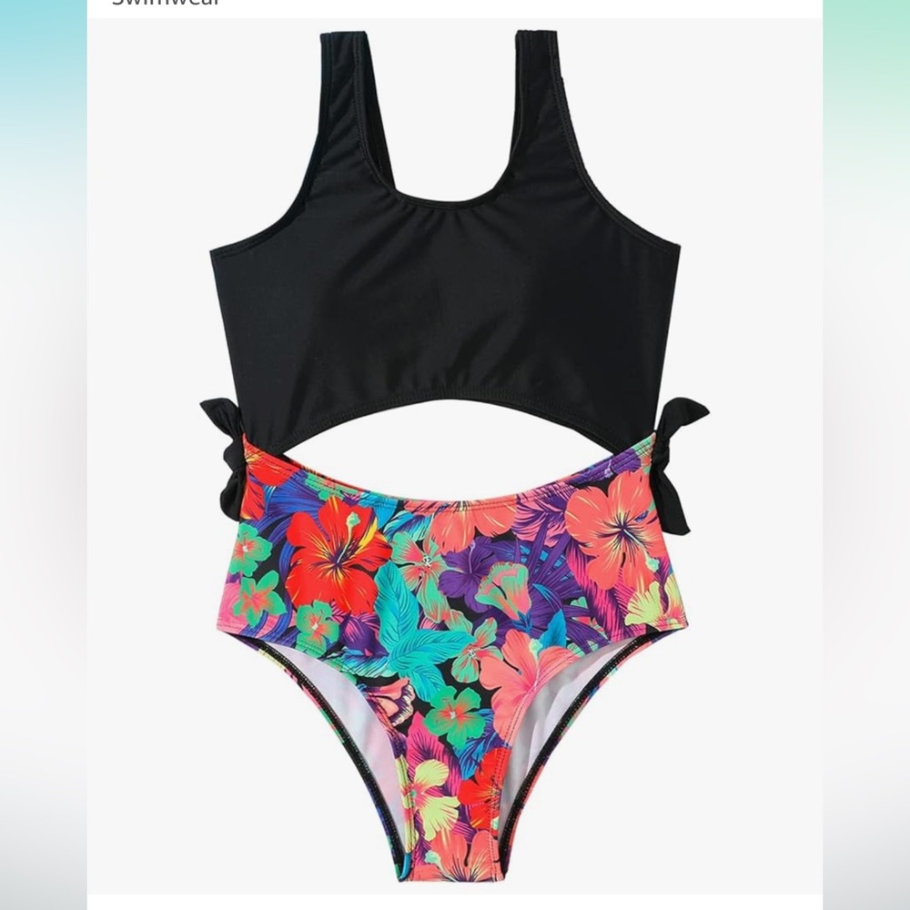 Floral Kids Swimsuit - Black and Multicolor